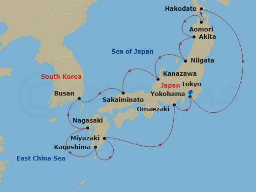 14 Night - Grand Japan with Fall Foliage - Diamond Princess - Starting in Tokyo (Yokohama), Japan, Hakodate, Japan, Aomori, Japan, Akita, Japan, Niigata, Japan, Kanazawa, Japan, Sakaiminato, Japan, Busan, South Korea, Nagasaki, Japan, Kagoshima, Japan, Miyazaki (Aburatsu), Japan, Omaezaki, Japan, Tokyo (Yokohama), Japan itinerary map