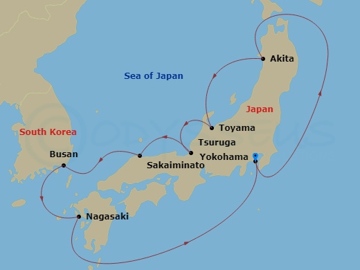 9 Night - Circle Japan - Diamond Princess - Starting in Tokyo (Yokohama), Japan, Akita, Japan, Toyama (Fushiki), Japan, Tsuruga, Japan, Sakaiminato, Japan, Busan, South Korea, Nagasaki, Japan, Tokyo (Yokohama), Japan itinerary map