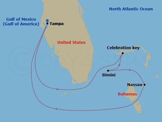 6 Night - Bahamas - Carnival Paradise - Starting in Tampa, Fl, Celebration Key, the Bahamas, Bimini, the Bahamas, Nassau, Bahamas, Tampa, Fl itinerary map