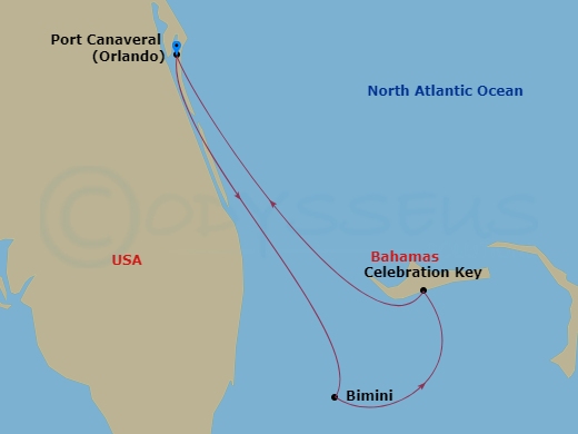 4 Night - Bahamas - Carnival Glory - Starting in Port Canaveral (Orlando), Fl, Bimini, the Bahamas, Celebration Key, the Bahamas, Port Canaveral (Orlando), Fl itinerary map