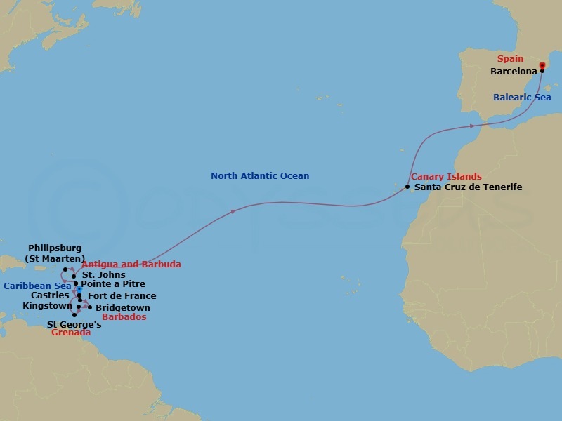 20 Night - Msc Grand Voyages - MSC World Asia - Starting in Fort-de-France, Martinique, Pointe-A-Pitre, Guadeloupe, Castries, Saint Lucia, Bridgetown, Barbados, Kingstown, St Vincent and the Grenadines, Saint George, Grenada, Fort-de-France, Martinique, Pointe-A-Pitre, Guadeloupe, Philipsburg, St Maarten, St Johns AG, Antigua, Santa Cruz de Tenerife, Barcelona, Spain itinerary map