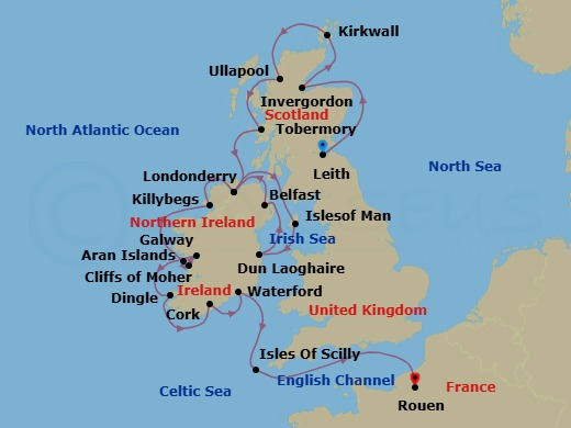 19 Night - Star Collector : Luck and Legends - Ireland and Scotland - Star Explorer - Starting in Leith, Edinburgh, Scotland, Invergordon, Scotland, Kirkwall, Scotland, Ullapool, Tobermory, Scotland, Londonderry / Lishahally, Douglas, Isle of Man, Dun Laoghaire, Dublin, Belfast, Northern Ireland, Londonderry / Lishahally, Killybegs, Inishmore, Aran Islands, Scenic cruising Cliffs of Moher, Galway, Dingle, Cork, Belview Port, Waterford, Isles of Scilly, Cruising Seine River, Paris / Rouen itinerary map