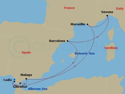 8 Night - Mediterranean Roundtrip from Cadiz - Costa Diadema - Starting in Cadiz, Spain, Gibraltar (UK), Malaga, Spain, Marseille, France, Savona, Italy, Barcelona, Spain, Cadiz, Spain itinerary map