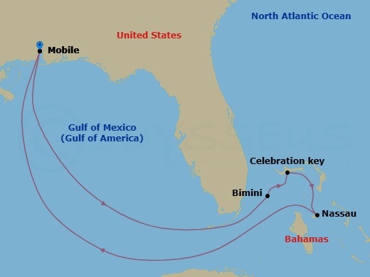 8 Night - Bahamas - Carnival Valor - Starting in Mobile, Al, Bimini, the Bahamas, Celebration Key, the Bahamas, Nassau, Bahamas, Mobile, Al itinerary map