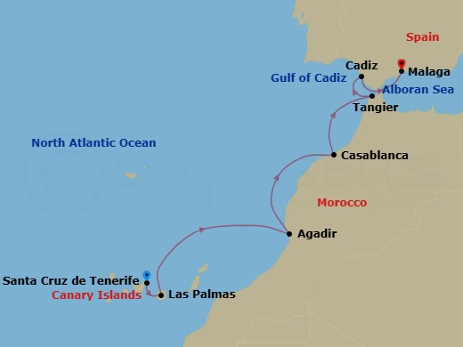10 Night - Moroccan Magic, Spanish Sizzle - Wind Spirit - Starting in Santa Cruz de Tenerife, Las Palmas, Gran Canaria, Agadir, Casablanca, Tangier, Cadiz, Malaga itinerary map