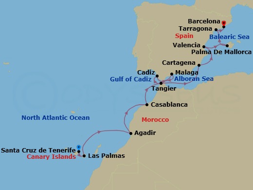 18 Night - Star Collector : Canaries, Casablanca & the Costa Del Sol - Wind Spirit - Starting in Santa Cruz de Tenerife, Las Palmas, Gran Canaria, Agadir, Casablanca, Tangier, Cadiz, Malaga, Tangier, Cartagena ES, Valencia, Palma De Mallorca, Tarragona (Barcelona), Barcelona itinerary map