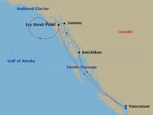 7 Night - Alaska Hubbard Glacier - Celebrity Millennium - Starting in Vancouver, British Columbia, Inside Passage (Cruising), Icy Strait Point, Alaska, Hubbard Glacier (Cruising), Juneau, Alaska, Ketchikan, Alaska, Inside Passage (Cruising), Vancouver, British Columbia itinerary map