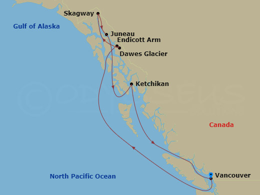 7 Night - Alaska Dawes Glacier - Celebrity Millennium - Starting in Vancouver, British Columbia, Inside Passage (Cruising), Endicott Arm and Dawes Glacier, Skagway, Alaska, Juneau, Alaska, Ketchikan, Alaska, Inside Passage (Cruising), Vancouver, British Columbia itinerary map