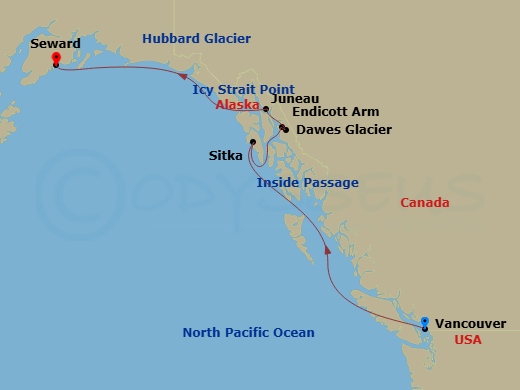 7 Night - Alaska Glaciers : Dawes & Hubbard - Celebrity Equinox - Starting in Vancouver, British Columbia, Inside Passage (Cruising), Sitka, Alaska, Endicott Arm and Dawes Glacier, Icy Strait Point, Alaska, Juneau, Alaska, Hubbard Glacier (Cruising), Seward, Alaska itinerary map