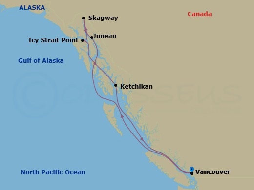 7 Night - Alaska : Vancouver Roundtrip - Celebrity Equinox - Starting in Vancouver, British Columbia, Inside Passage (Cruising), Juneau, Alaska, Skagway, Alaska, Icy Strait Point, Alaska, Ketchikan, Alaska, Inside Passage (Cruising), Vancouver, British Columbia itinerary map