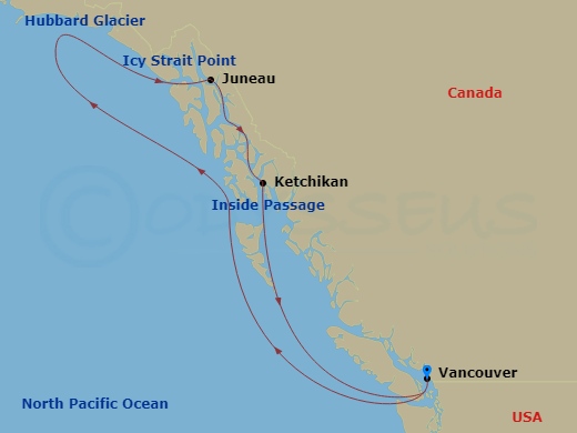 7 Night - Alaska Hubbard Glacier - Celebrity Millennium - Starting in Vancouver, British Columbia, Inside Passage (Cruising), Icy Strait Point, Alaska, Hubbard Glacier (Cruising), Juneau, Alaska, Ketchikan (Ward Cove), Alaska, Inside Passage (Cruising), Vancouver, British Columbia itinerary map