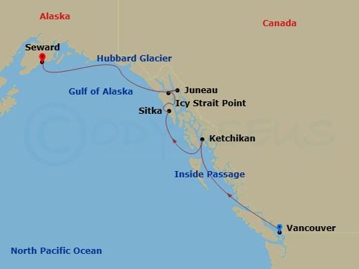 7 Night - Alaska Hubbard Glacier - Celebrity Equinox - Starting in Vancouver, British Columbia, Inside Passage (Cruising), Ketchikan, Alaska, Sitka, Alaska, Icy Strait Point, Alaska, Juneau, Alaska, Hubbard Glacier (Cruising), Seward, Alaska itinerary map