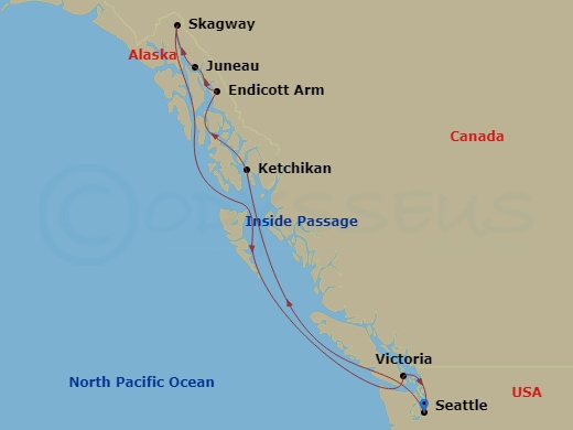 7 Night - Alaska Dawes Glacier - Celebrity Edge - Starting in Seattle, Washington, Ketchikan, Alaska, Endicott Arm and Dawes Glacier, Juneau, Alaska, Skagway, Alaska, Alaska Inside Passage, Victoria CA, Canada, Seattle, Washington itinerary map