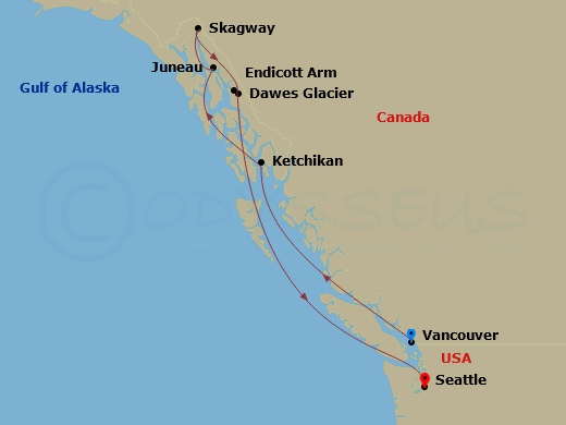7 Night - Alaska Dawes Glacier - Celebrity Edge - Starting in Vancouver, British Columbia, Ketchikan, Alaska, Juneau, Alaska, Skagway, Alaska, Endicott Arm and Dawes Glacier, Seattle, Washington itinerary map