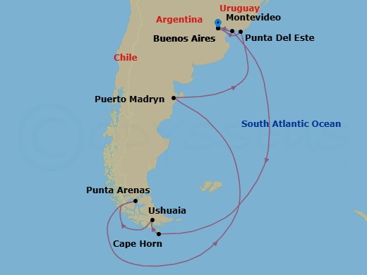 12 Night - Best of South America - Celebrity Equinox - Starting in Buenos Aires, Argentina, Montevideo, Uruguay, Cape Horn, Chile, Ushuaia, Argentina, Strait of Magellan, Punta Arenas, Chile, Puerto Madryn, Argentina, Punta Del Este, Uruguay, Buenos Aires, Argentina itinerary map