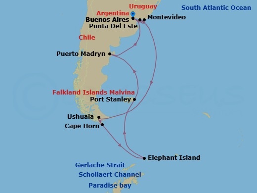 16 Night - Antarctica Holiday - Celebrity Equinox - Starting in Buenos Aires, Argentina, Punta Del Este, Uruguay, Montevideo, Uruguay, Ushuaia, Argentina, Cape Horn, Chile, Gerlache Strait, Paradise Bay, Antarctica, Schollaert Channel, Antarctica, Elephant Island, Antarctica, Port Stanley, Falkland Islands, Puerto Madryn, Argentina, Buenos Aires, Argentina itinerary map