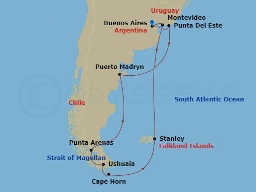 14 Night - Best of South America - Celebrity Equinox - Starting in Buenos Aires, Argentina, Montevideo, Uruguay, Port Stanley, Falkland Islands, Cape Horn, Chile, Ushuaia, Argentina, Strait of Magellan, Punta Arenas, Chile, Puerto Madryn, Argentina, Punta Del Este, Uruguay, Buenos Aires, Argentina itinerary map