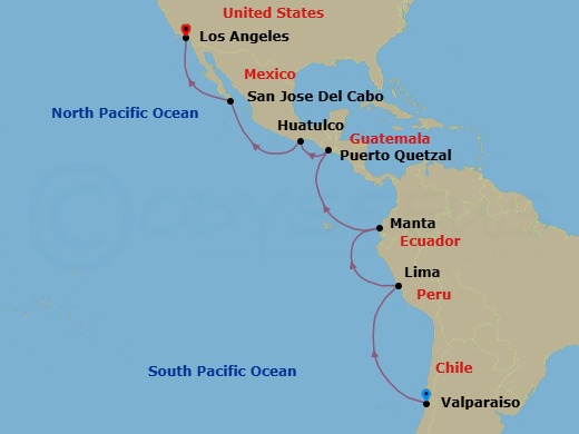 15 Night - Chile to La : Peru & Mexico - Celebrity Equinox - Starting in Valparaiso, Chile, Lima, (Callao), Peru, Manta, Ecuador, Puerto Quetzal, Guatemala, Huatulco, Mexico, Cabo San Lucas, Mexico, Los Angeles, California itinerary map