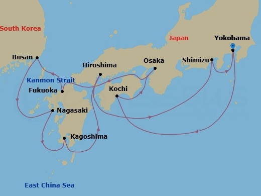 13 Night - Japan Cherry Blossoms - Celebrity Millennium - Starting in Tokyo (Yokohama), Japan, Kochi, Japan, Kyoto (Osaka), Japan, Fukuoka, Japan, Busan, South Korea, Nagasaki, Japan, Kagoshima, Japan, Hiroshima, Japan, Mount Fuji (Shimizu), Japan, Tokyo (Yokohama), Japan itinerary map