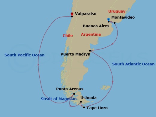 12 Night - Best of South America - Celebrity Equinox - Starting in Buenos Aires, Argentina, Montevideo, Uruguay, Puerto Madryn, Argentina, Cape Horn, Chile, Ushuaia, Argentina, Punta Arenas, Chile, Strait of Magellan, Valparaiso, Chile itinerary map