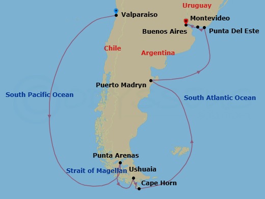 13 Night - Best of South America - Celebrity Equinox - Starting in Valparaiso, Chile, Strait of Magellan, Punta Arenas, Chile, Ushuaia, Argentina, Cape Horn, Chile, Puerto Madryn, Argentina, Punta Del Este, Uruguay, Montevideo, Uruguay, Buenos Aires, Argentina itinerary map