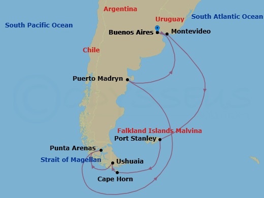 14 Night - Best of South America - Celebrity Equinox - Starting in Buenos Aires, Argentina, Montevideo, Uruguay, Port Stanley, Falkland Islands, Cape Horn, Chile, Ushuaia, Argentina, Strait of Magellan, Punta Arenas, Chile, Puerto Madryn, Argentina, Buenos Aires, Argentina itinerary map