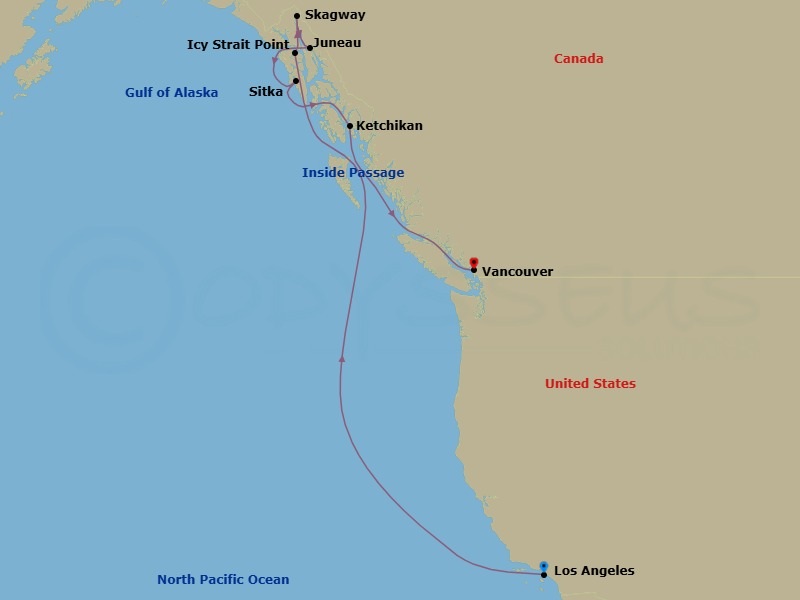 10 Night - Alaska : La to Vancouver - Celebrity Equinox - Starting in Los Angeles, California, Inside Passage (Cruising), Icy Strait Point, Alaska, Skagway, Alaska, Juneau, Alaska, Sitka, Alaska, Ketchikan, Alaska, Inside Passage (Cruising), Vancouver, British Columbia itinerary map