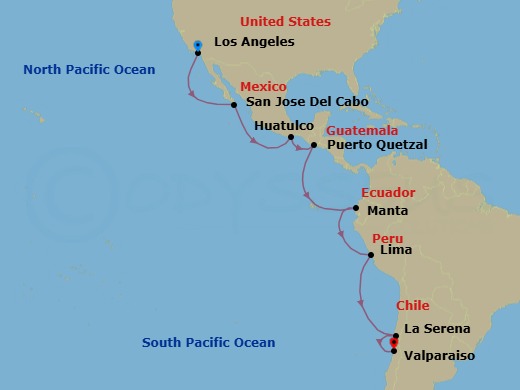 15 Night - La to Chile : Mexico & Peru - Celebrity Equinox - Starting in Los Angeles, California, Cabo San Lucas, Mexico, Huatulco, Mexico, Puerto Quetzal, Guatemala, Manta, Ecuador, Lima, (Callao), Peru, La Serena (Coquimbo), Chile, Valparaiso, Chile itinerary map