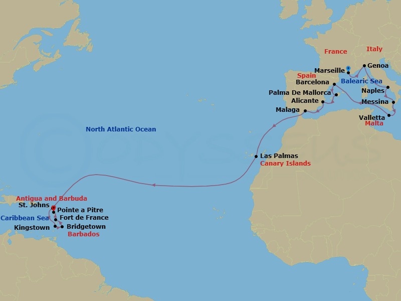 22 Night - Msc Grand Voyages - MSC World Asia - Starting in Marseille (Provence), France, Genoa (Portofino), Italy, Naples (Pompeii), Italy, Messina (Taormina), Italy, La Valletta, Malta, Barcelona, Spain, Palma De Mallorca (Baleari Is), Spain, Alicante, Spain, Malaga (Granada), Spain, Las Palmas de Gran Canaria (Canary Islands), Spain, St Johns AG, Antigua, Kingstown, St Vincent and the Grenadines, Bridgetown, Barbados, Fort-de-France, Martinique, Pointe-A-Pitre, Guadeloupe itinerary map