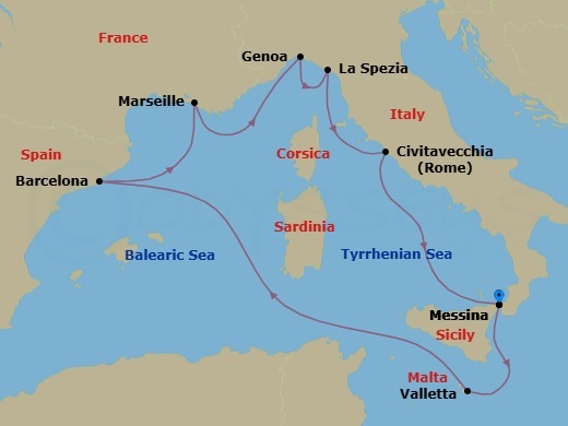 8 Night - Mediterranean - MSC World Europa - Starting in Messina (Taormina), Italy, La Valletta, Malta, Barcelona, Spain, Marseille (Provence), France, Genoa (Portofino), Italy, La Spezia (Cinque Terre), Italy, Civitavecchia (Rome), Italy, Messina (Taormina), Italy itinerary map