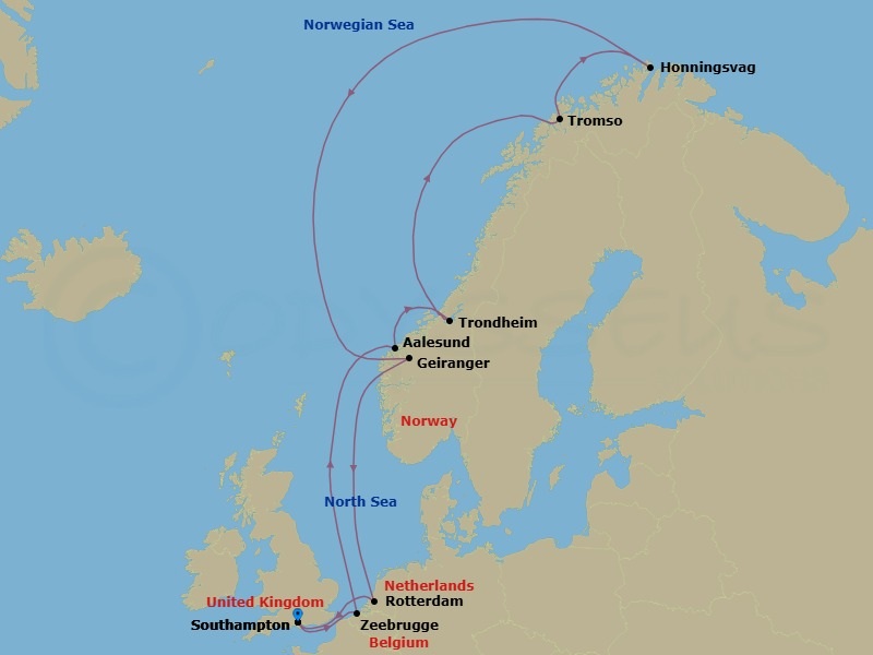 12 Night - Norwegian Fjords, Arctic Circle - Celebrity Beyond - Starting in Southampton, England, Bruges, (Zeebrugge), Belgium, Alesund, Norway, Trondheim, Norway, Arctic Circle (Cruise), Tromso, Norway, Honningsvag, Norway, Arctic Circle (Cruise), Geiranger, Norway, Rotterdam, Netherlands, Southampton, England itinerary map