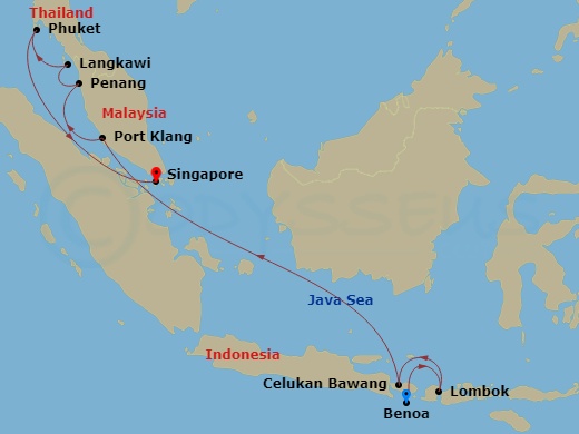 14 Night - Bali, Malaysia & Thailand - Celebrity Millennium - Starting in Benoa, Bali, Indonesia, Lombok, Indonesia, Celukan Bawang, Indonesia, Port Klang, Malaysia, Penang, Malaysia, Langkawi, Malaysia, Phuket, Thailand, Singapore itinerary map
