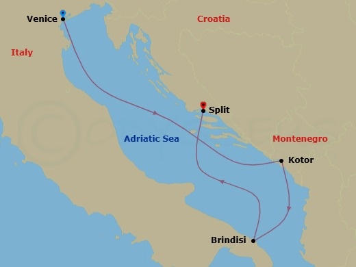 4 Night - Mediterranean - MSC Armonia - Starting in Venice / Marghera, Italy, Kotor, Montenegro, Brindisi (Lecce), Italy, Spalato, Croatia itinerary map