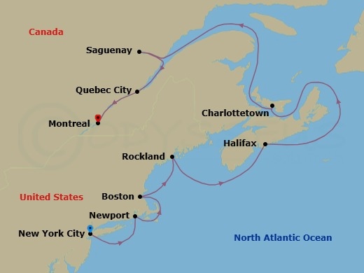 12 Night - Canada & New England Fall Foliage - Seabourn Ovation - Starting in New York, Newport, Rhode Island, Transit the Cape Cod Canal, Boston, Massachusetts, Rockland, Maine, Halifax, Nova Scotia, Canada, Charlottetown, Prince Edward Island, Canada, Saguenay, Quebec, Canada, Quebec City, Quebec, Canada, Montreal, Quebec, Canada itinerary map