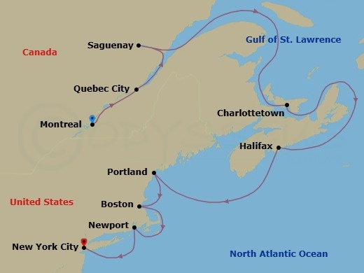 12 Night - Canada & New England Fall Foliage - Seabourn Ovation - Starting in Montreal, Quebec, Canada, Quebec City, Quebec, Canada, Saguenay, Quebec, Canada, Charlottetown, Prince Edward Island, Canada, Halifax, Nova Scotia, Canada, Portland ME, Boston, Massachusetts, Transit the Cape Cod Canal, Newport, Rhode Island, New York itinerary map