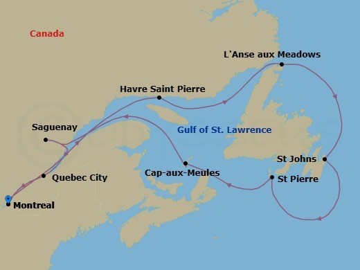 12 Night - Newfoundland & Gulf of St. Lawrence Reverie - Seabourn Ovation - Starting in Montreal, Quebec, Canada, Saint Lawrence River Cruising, Havre-Saint-Pierre, Quebec, Canada, L Anse aux Meadows, Newfoundland, Canada, St Johns NF, Newfoundland, Saint Pierre and Miquelon, Cap-aux-Meules, Iles de la Madeleine, Quebec, Canada, Saguenay, Quebec, Canada, Quebec City, Quebec, Canada, Montreal, Quebec, Canada itinerary map