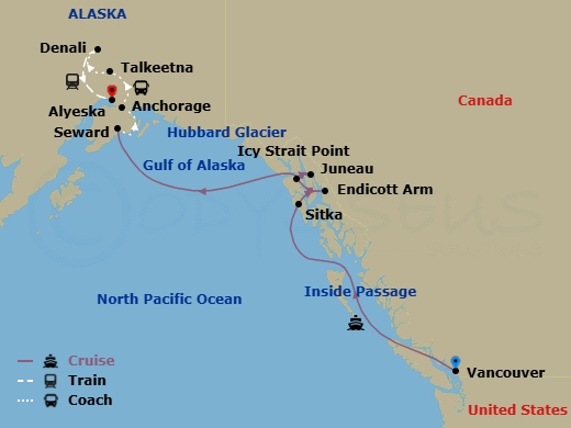 11 Night - Alaska Wildlife Encounter Cruisetour 3A - Celebrity Equinox Tours - Starting in Vancouver, British Columbia, Inside Passage (Cruising), Sitka, Alaska, Endicott Arm and Dawes Glacier, Icy Strait Point, Alaska, Juneau, Alaska, Hubbard Glacier (Cruising), Seward, Alaska, Alyeska (Girdwood), Alaska, Talkeetna, Alaska, Denali, Alaska, Anchorage, Alaska itinerary map