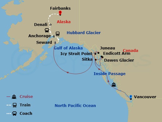 11 Night - Majestic Tundra Explorer Cruisetour 4A - Celebrity Equinox Tours - Starting in Vancouver, British Columbia, Inside Passage (Cruising), Sitka, Alaska, Endicott Arm and Dawes Glacier, Icy Strait Point, Alaska, Juneau, Alaska, Hubbard Glacier (Cruising), Seward, Alaska, Anchorage, Alaska, Denali, Alaska, Fairbanks, Alaska itinerary map