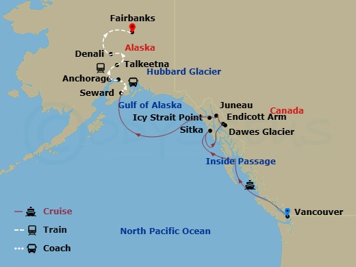 13 Night - Grand Heartland Adventure Cruisetour 7A - Celebrity Equinox Tours - Starting in Vancouver, British Columbia, Inside Passage (Cruising), Sitka, Alaska, Endicott Arm and Dawes Glacier, Icy Strait Point, Alaska, Juneau, Alaska, Hubbard Glacier (Cruising), Seward, Alaska, Anchorage, Alaska, Talkeetna, Alaska, Denali, Alaska, Fairbanks, Alaska itinerary map