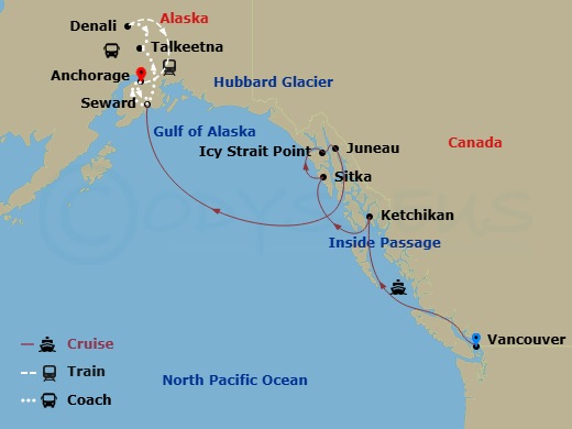 10 Night - Authentic Tastes of Alaska Ct 9A - Celebrity Equinox Tours - Starting in Vancouver, British Columbia, Inside Passage (Cruising), Ketchikan, Alaska, Sitka, Alaska, Icy Strait Point, Alaska, Juneau, Alaska, Hubbard Glacier (Cruising), Seward, Alaska, Anchorage, Alaska, Seward, Alaska, Talkeetna, Alaska, Denali, Alaska, Anchorage, Alaska itinerary map