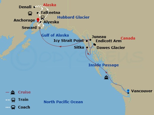 12 Night - Alaska Mountain Medley Cruisetour 5A - Celebrity Equinox Tours - Starting in Vancouver, British Columbia, Inside Passage (Cruising), Sitka, Alaska, Endicott Arm and Dawes Glacier, Icy Strait Point, Alaska, Juneau, Alaska, Hubbard Glacier (Cruising), Seward, Alaska, Alyeska (Girdwood), Alaska, Anchorage, Alaska, Denali, Alaska, Talkeetna, Alaska, Anchorage, Alaska itinerary map