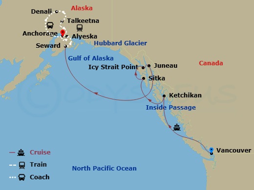 12 Night - Alaska Mountain Medley Cruisetour 5A - Celebrity Equinox Tours - Starting in Vancouver, British Columbia, Inside Passage (Cruising), Ketchikan (Ward Cove), Alaska, Sitka, Alaska, Icy Strait Point, Alaska, Juneau, Alaska, Hubbard Glacier (Cruising), Seward, Alaska, Alyeska (Girdwood), Alaska, Anchorage, Alaska, Denali, Alaska, Talkeetna, Alaska, Anchorage, Alaska itinerary map