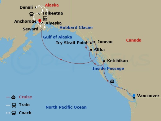 10 Night - Talkeetna Treasures Cruisetour 1A - Celebrity Equinox Tours - Starting in Vancouver, British Columbia, Inside Passage (Cruising), Ketchikan (Ward Cove), Alaska, Sitka, Alaska, Icy Strait Point, Alaska, Juneau, Alaska, Hubbard Glacier (Cruising), Seward, Alaska, Alyeska (Girdwood), Alaska, Anchorage, Alaska, Talkeetna, Alaska, Denali, Alaska, Talkeetna, Alaska, Anchorage, Alaska itinerary map