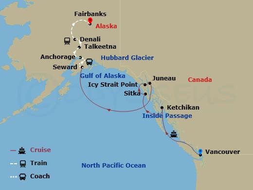 13 Night - Premium Heritage and Wilderness Ct 14A - Celebrity Equinox Tours - Starting in Vancouver, British Columbia, Inside Passage (Cruising), Ketchikan (Ward Cove), Alaska, Sitka, Alaska, Icy Strait Point, Alaska, Juneau, Alaska, Hubbard Glacier (Cruising), Seward, Alaska, Anchorage, Alaska, Talkeetna, Alaska, Denali, Alaska, Fairbanks, Alaska itinerary map