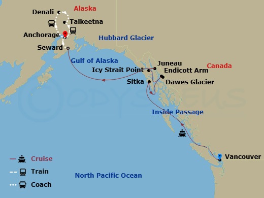 9 Night - Denali Express Cruisetour 11A - Celebrity Equinox Tours - Starting in Vancouver, British Columbia, Inside Passage (Cruising), Sitka, Alaska, Endicott Arm and Dawes Glacier, Icy Strait Point, Alaska, Juneau, Alaska, Hubbard Glacier (Cruising), Seward, Alaska, Anchorage, Alaska, Denali, Alaska, Talkeetna, Alaska, Anchorage, Alaska itinerary map
