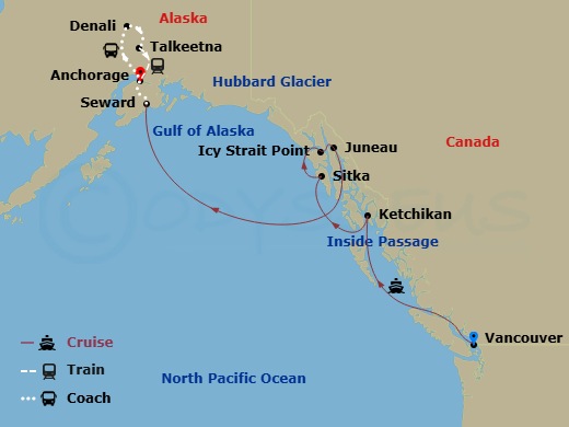 9 Night - Denali Express Cruisetour 11A - Celebrity Equinox Tours - Starting in Vancouver, British Columbia, Inside Passage (Cruising), Ketchikan (Ward Cove), Alaska, Sitka, Alaska, Icy Strait Point, Alaska, Juneau, Alaska, Hubbard Glacier (Cruising), Seward, Alaska, Anchorage, Alaska, Denali, Alaska, Talkeetna, Alaska, Anchorage, Alaska itinerary map