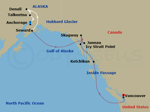 9 Night - Denali Express Cruisetour 11B - Celebrity Equinox Tours - Starting in Anchorage, Alaska, Talkeetna, Alaska, Denali, Alaska, Seward, Alaska, Hubbard Glacier (Cruising), Juneau, Alaska, Skagway, Alaska, Icy Strait Point, Alaska, Ketchikan, Alaska, Inside Passage (Cruising), Vancouver, British Columbia itinerary map