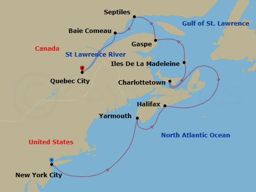 10 Night - North America & Canada - Crystal Grace - Starting in New York, Yarmouth, Halifax, Charlottetown, Prince Edward Island, Magdalen Islands, Gaspe, Quebec, Sept-Iles, Baie-Comeau, Quebec City itinerary map