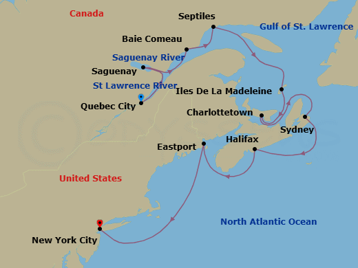 11 Night - North America & Canada - Crystal Grace - Starting in Quebec City, Saguenay, Quebec, Baie-Comeau, Sept-Iles, Magdalen Islands, Charlottetown, Prince Edward Island, Sydney NS, Nova Scotia, Halifax, Eastport, ME, New York itinerary map