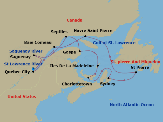 12 Night - North America & Canada - Crystal Grace - Starting in Quebec City, Baie-Comeau, Havre St Pierre, Quebec, St Pierre, Sydney NS, Nova Scotia, Charlottetown, Prince Edward Island, Magdalen Islands, Gaspe, Quebec, Sept-Iles, Saguenay, Quebec, Quebec City itinerary map